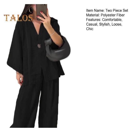 Женский свободный комплект из двух частей, рубашки с длинным рукавом и V-образным вырезом на одной пуговице, брюки с высокой талией, повседневный комплект для отдыха