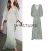 Summer Women's Asymmetric Hem Cape Sleeves Pleated V-neck Elegant Long Dress 2954285
