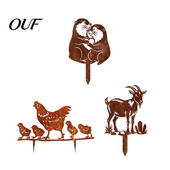 Patio Landscape Decorations Rusty Animal Garden Stakes, Metal Hen/Chicken/Goat/Deer Yard Art Silhouette Decor for Stakes Lawn Flower Bed, Vintage