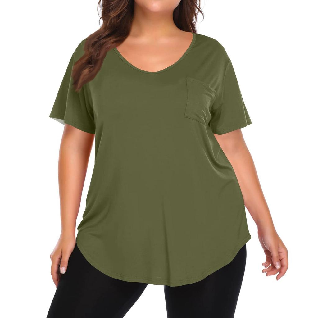 Women's Solid Color Large Size V-neck Top Loose Pocket T-shirt