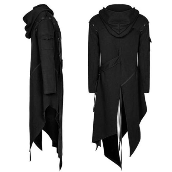 Мужское длинное пальто осенне-зимнего сезона, однотонное, с нерегулярными длинными рукавами, капюшоном, застежкой-молнией и ремешками, плащ для Хэллоуина