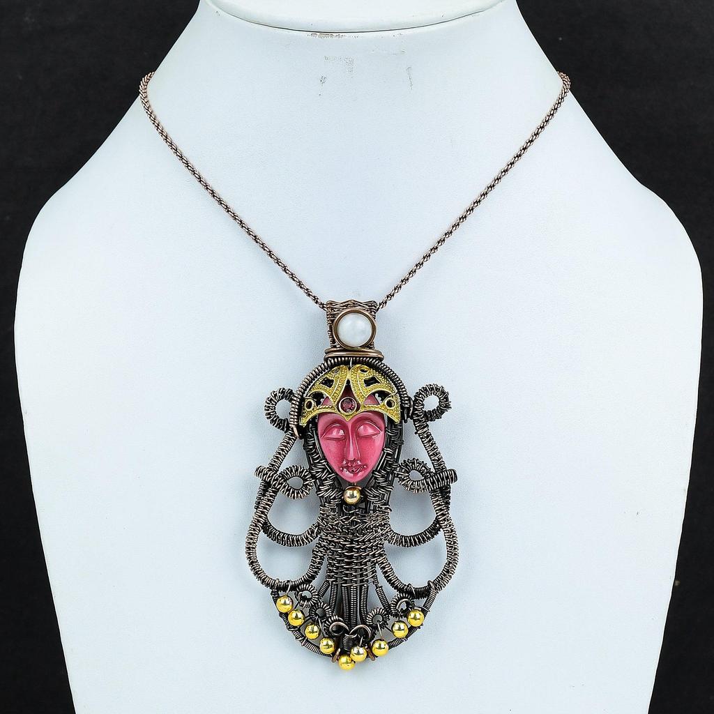 Carved Pink Face & Moonstone Jewelry, 999 Copper Wire Wrapped Pendant Handmade Gemstone Jewelry, Gifts For Wife Brand New Pendant