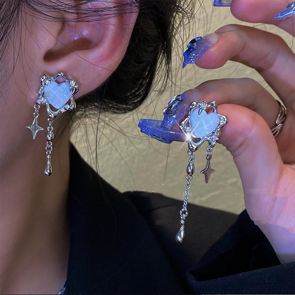 Корейские серебряные длинные серьги-кисточки в форме сердца для женщин-подростков, милые крутые серьги-подвески в форме звезды, ювелирные аксессуары