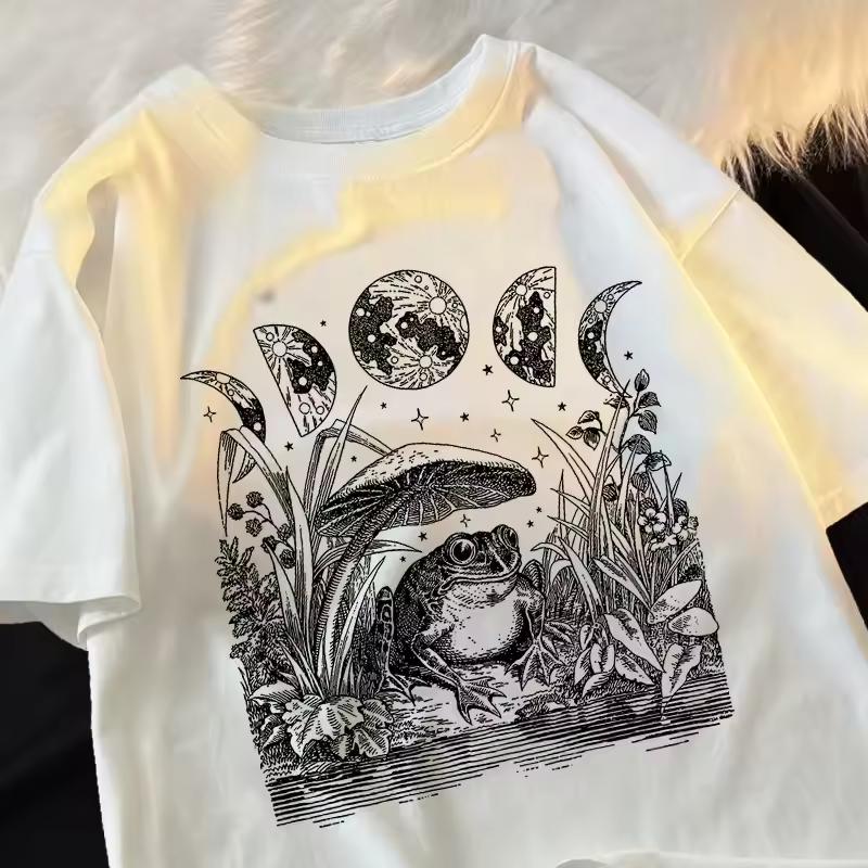 2025 Summer New Men's Cute Cottagecore Aesthetic Frog Mushroom Moon Witch Print T-shirt Men's Women's T-shirt Casual Top
