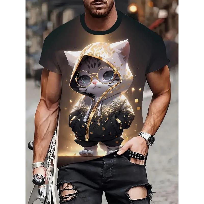 Летняя Модная Забавная Футболка с Мультяшным Рисунком Кота