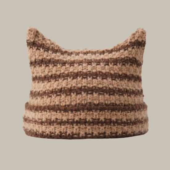 Зимняя женская шапка-кошечка с контрастными полосками и звездами, меховой шарик, декор в виде демона, ветрозащитная эластичная противоскользящая теплая шапка