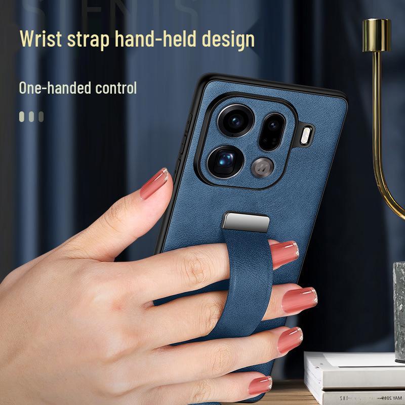 Чехол-книжка из кожи Lux для OPPO FindX9Pro/FindX8S с ремешком на запястье и подставкой