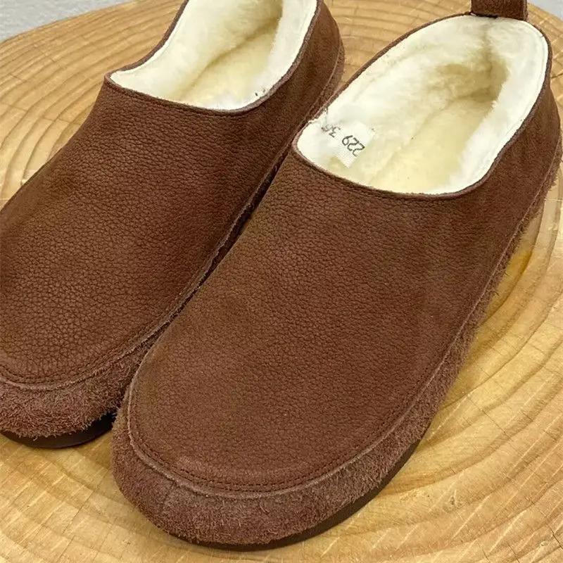 Fashion 2024 Winter New Pure Wool Genuine Leather Warm Shoes Flat Bottomed Soft Cowhide Thickened Women's Cotton Shoes