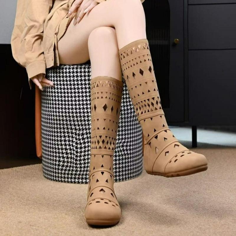 Fashion Women's Bohemian Leather Boots 6cm Heel Hollow Out High-Cut Breathable Slimming Western Cowboy Boots Retro Style