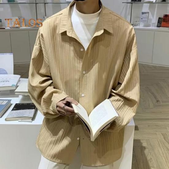 Мужская рубашка свободного кроя, однотонный кардиган с отложным воротником, однобортный, осенне-весенний топ, рубашка средней длины в уличном стиле