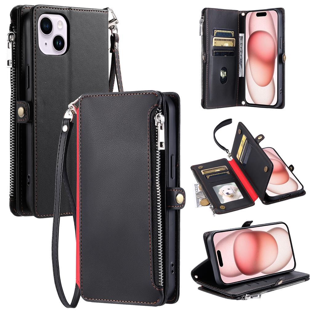 015 Style For iPhone 15 Leather Case Zipper Pocket Shockproof Phone Cover
