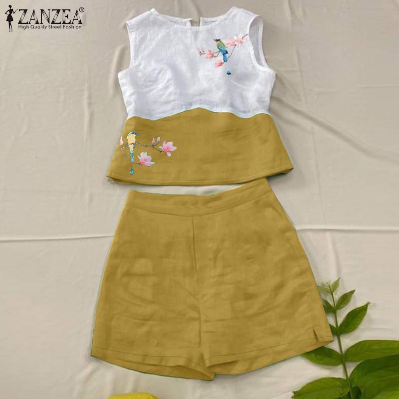 ZANZEA Женские принтованные майки и шорты, летние комплекты из двух частей