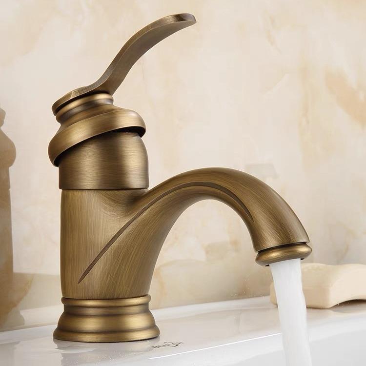 European Traditional Style Basin Faucet Deck Mounted Brushed Brass Single Handle Metered Ceramic Valve Antique Copper Finish