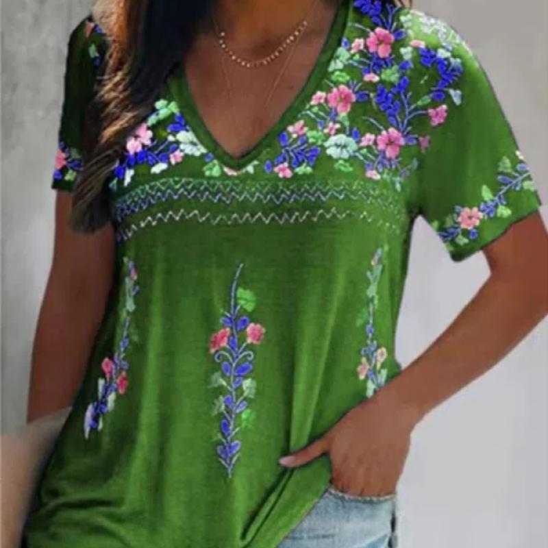 Сексуальная блузка в стиле бохо с v-образным вырезом в стиле пэчворк, топы, лето 2024, женская свободная повседневная футболка с коротким рукавом в этническом стиле, пуловер, S-8XL