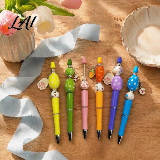 Creative Writing Tools 6 Sets Easter Beadable Pen Kit DIY Crafting Ballpoint Set Customizable Bead Pens with Beads Charms for Office School,