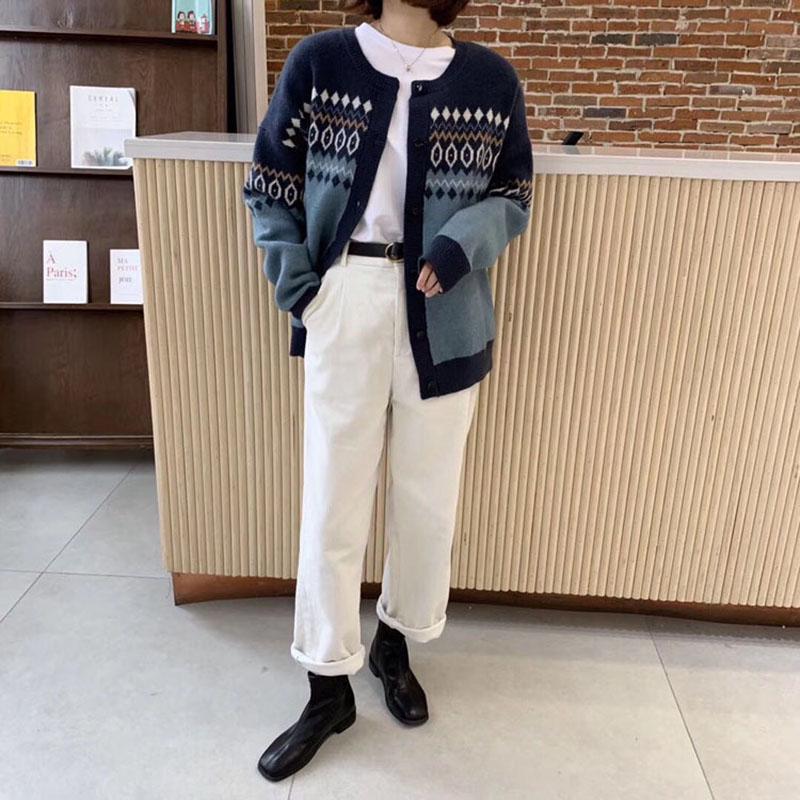 Весна Осень Винтаж Жаккард Круглый Вырез Вязаный Кардиган Женский Дикий Плюс Размер Свитер Пальто