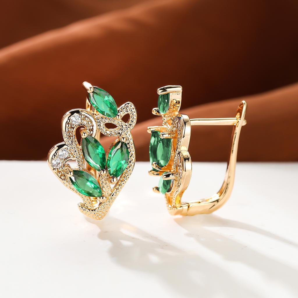 1 пара серег золотого цвета с радужным камнем и цветочным узором в виде листьев, красные, желтые, синие, зеленые, висячие полые серьги с камнями