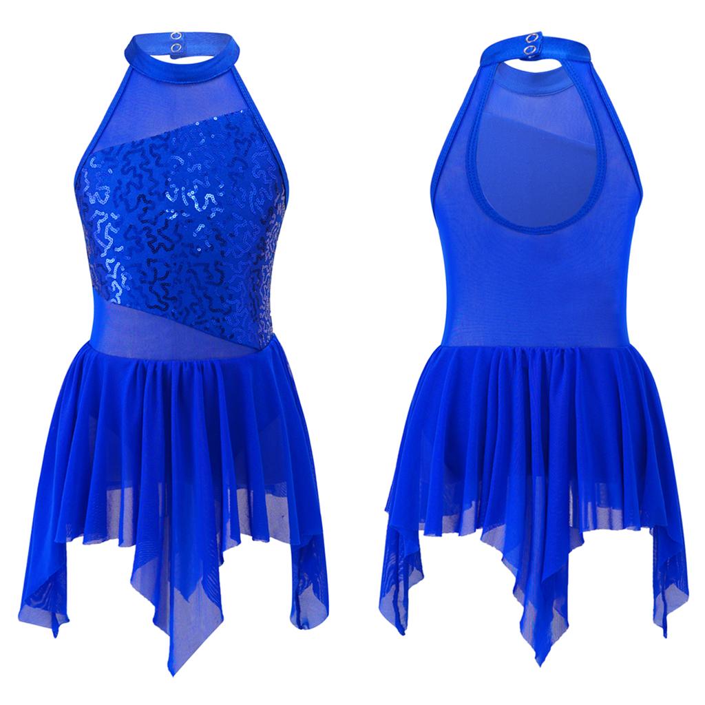 Платье-купальник без рукавов с вырезом сзади и блестками, современный лирический балет, джаз, латинский танец, юбка с неровным подолом