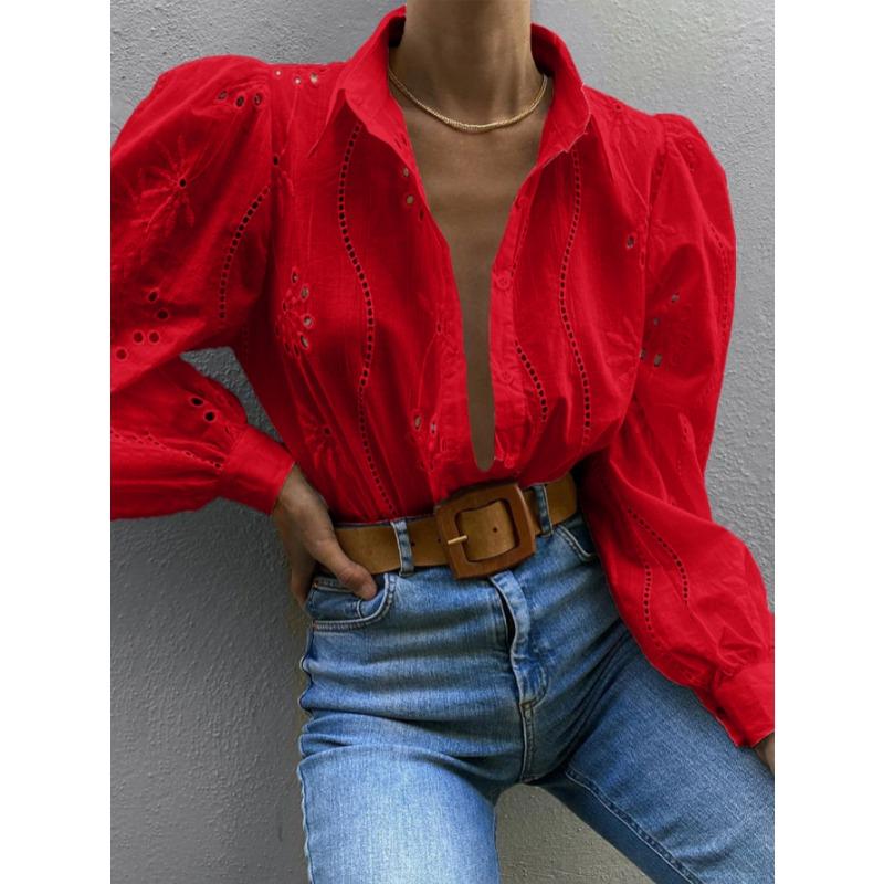 Elegant Loose Fashion Lace Women Shirt Casual Hollow Out Puff Long Sleeve Top Single-breasted Office Blouse Solid Sweet Simple Lapel Women's Clothing