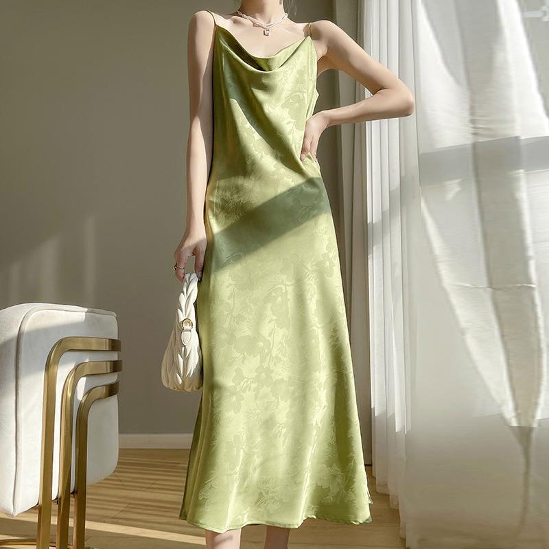 Silk Satin Spring Summer Ladies Swing Neck Jacquard Temperament Slimming Slip Dress with Silk Slip Slip Dress