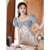 Blue evening dress female feeling on the run princess style coming of age light luxury niche annual meeting host banquet dress