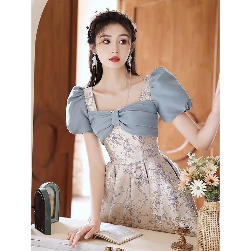 Blue evening dress female feeling on the run princess style coming of age light luxury niche annual meeting host banquet dress