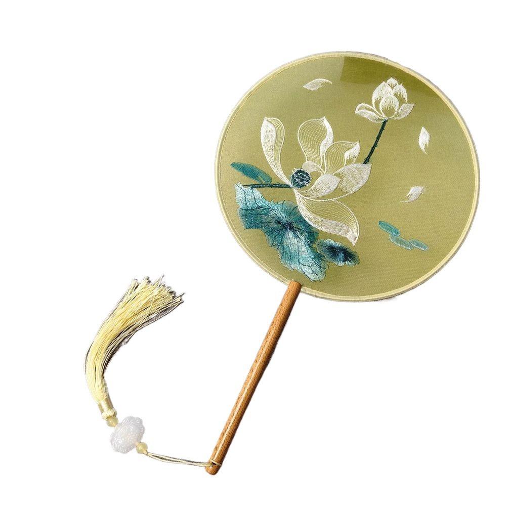 Round Double Sided Embroidery Fan Chinese Style Flower Silk Fan Vintage Hanfu Hand Fan for Guests