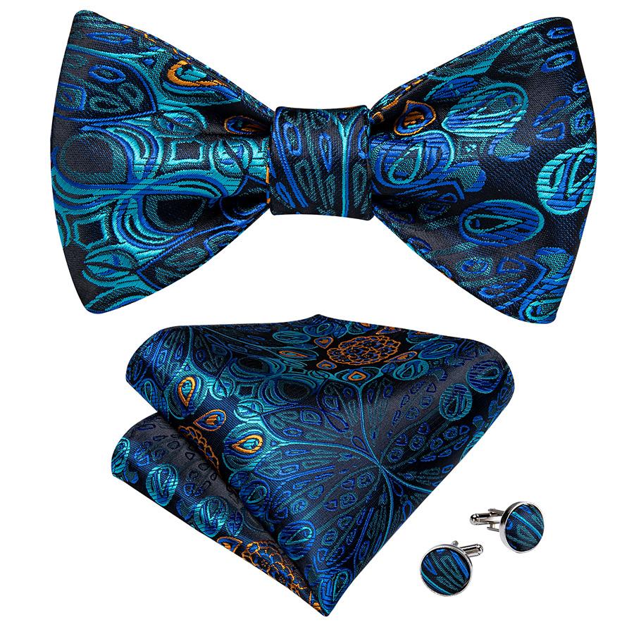 Wedding Bowtie Set for Men Adjustable Self Tied Bowtie Paisley Silk Bowtie Hanky Cufflink Set Dibangu