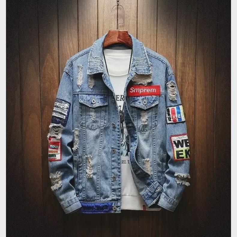 Мужская рваная джинсовая куртка: Модная японская ретро-мода, уличный стиль с вышитой этикеткой, красивый рабочий верх