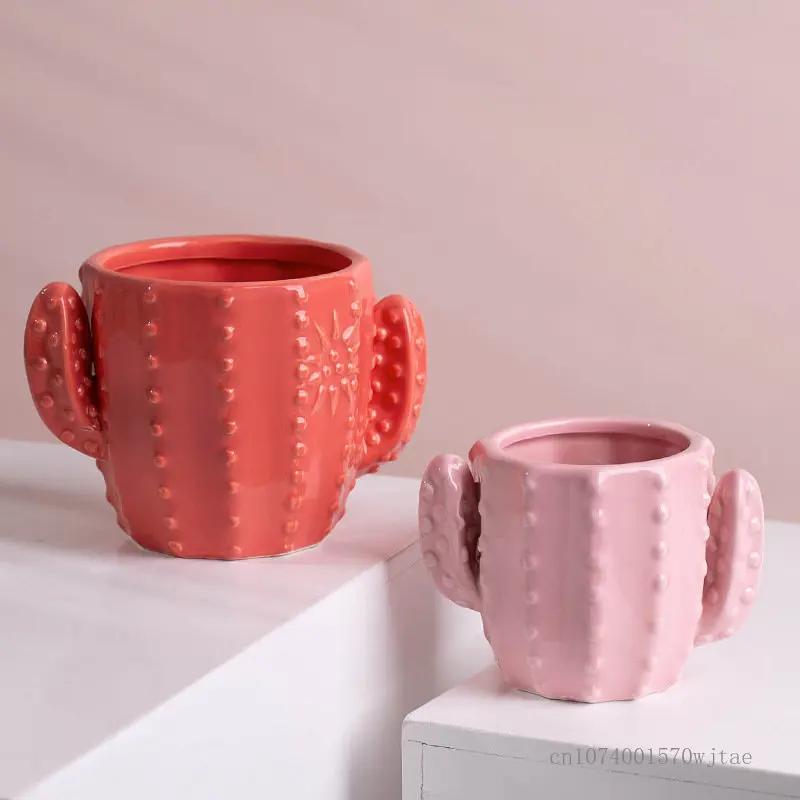 Nordic style ceramic flowerpot, cartoon cactus shaped, home decoration, living room, office, balcony, decorative ornaments, 1pc