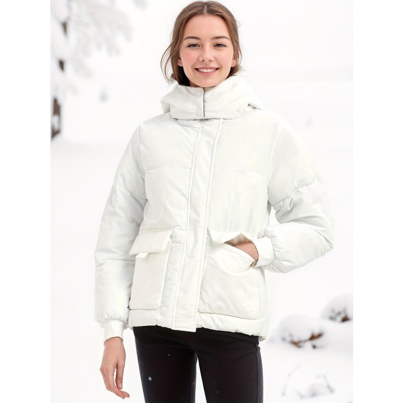 Women Autumn Winter Hooded Padded Warm Color Block Short Cotton Coat