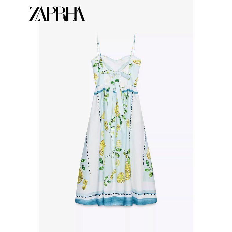 Zaprha 2025 Новинка Повседневное Летнее Платье из Хлопкового Поплина с Лимонным Принтом, Отделкой на Талии и Бретелями-Спагетти 3454347