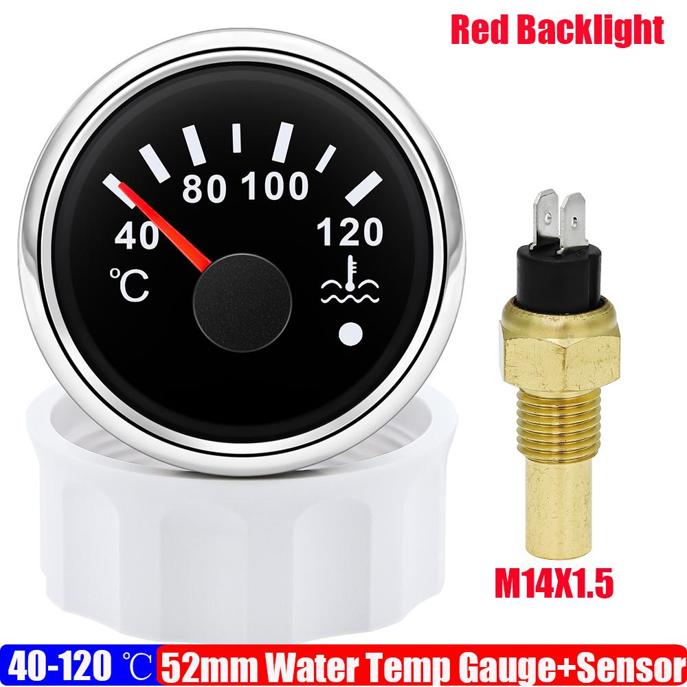 40~120℃ 52mm Water Temperature Gauge+Sensor with Flash Alarm Waterproof Red Light Water Temp Meter for Car Boat 12V 24V