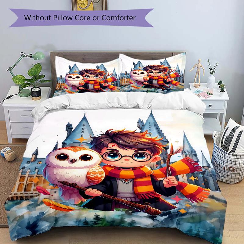 3pcs Harry Potter with Hedwig Quilt Set Cartoon Themed Bed Quilt Set Lovely Character Bedroom Decor Bed Quilt Set Four Seasons (1 Cover + 2Pillow