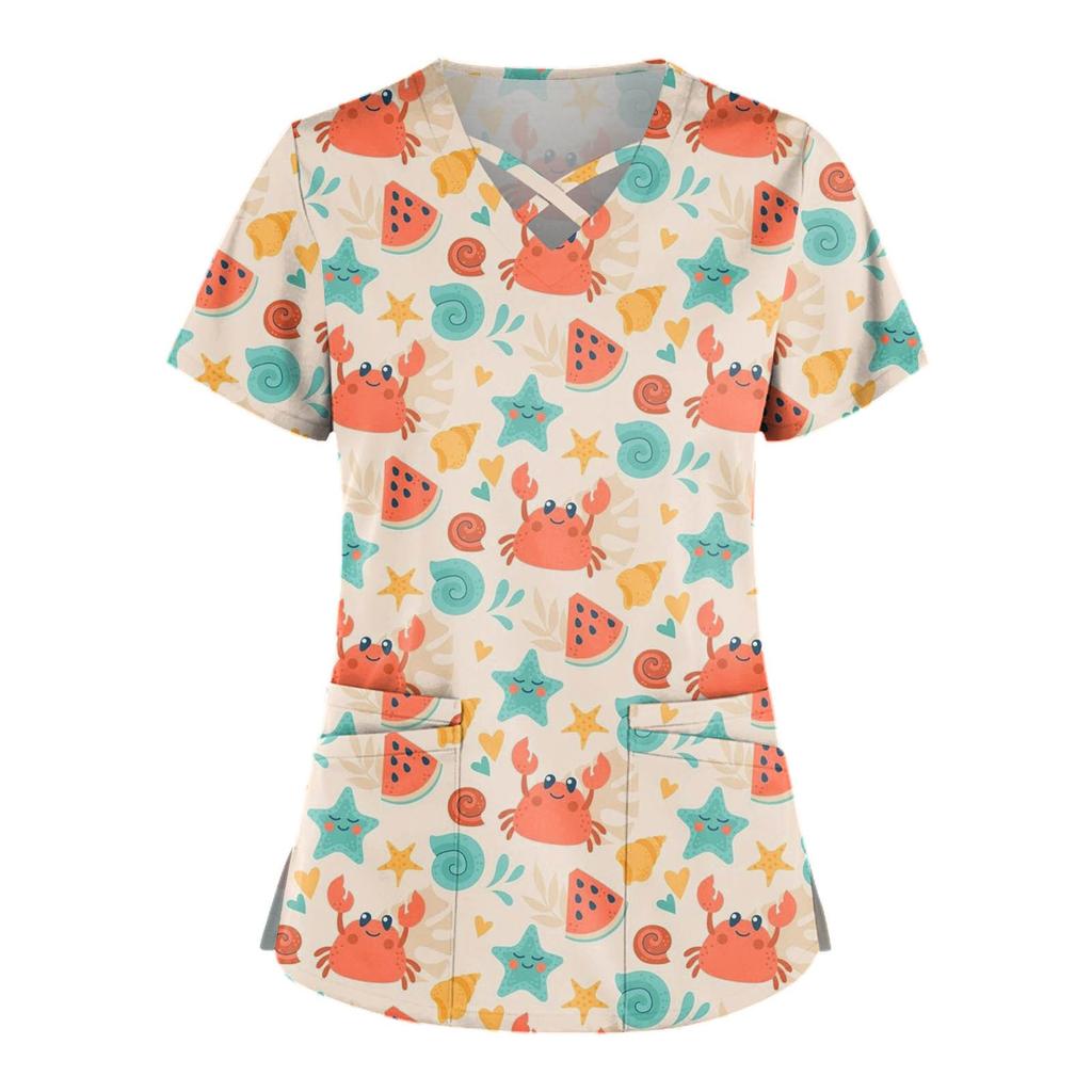 Plus Size Cute Printed Scrub Working Uniform Tops For Women Cross V-Neck Short Sleeve Fun T-Shirts Workwear Tee with Double Pockets
