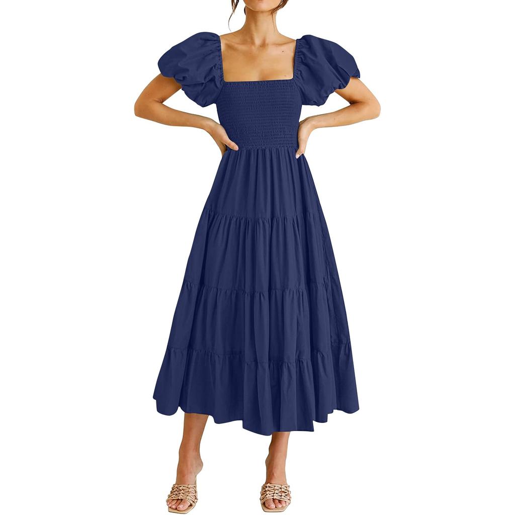 Women's Fashion Solid Colour Square Neck Backless Bubble Sleeve Pleated Short Sleeve Dresses