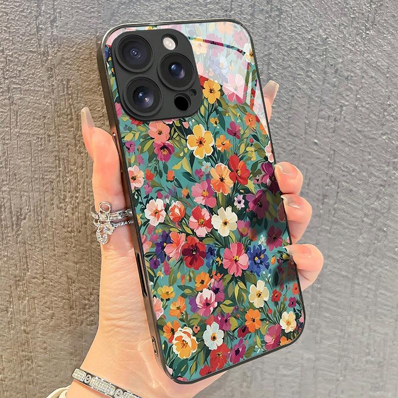 Стильный Чехол из Закаленного Стекла с Ярким Цветочным Узором HD для iPhone 17 16 15 14 13 12 11 Pro Max 16E 7 8 Plus XR XS X