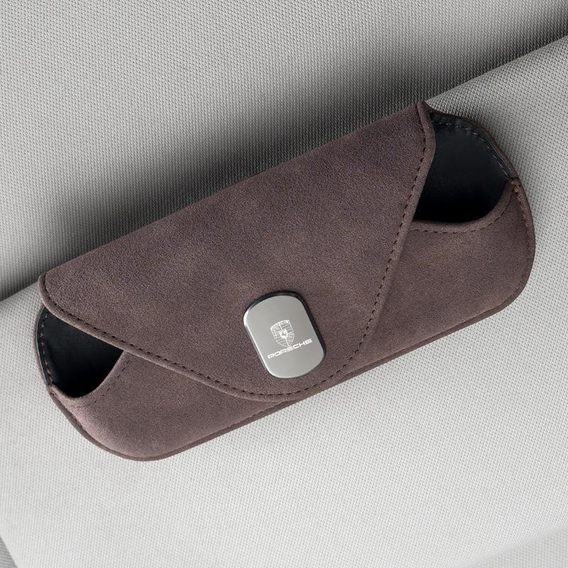 Leather Car Sun Visor Glasses Box Sunglasses Storage Clip For Porsche Cayenne Panamera Macan 911 718 Taycan Boxster Cayman 918 EX7