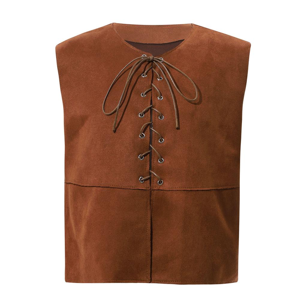 Детский костюм эпохи Средневековья и Ренессанса с V-образным вырезом, без рукавов, со шнуровкой спереди, жилет с разрезами, пиратский, готический, стимпанк