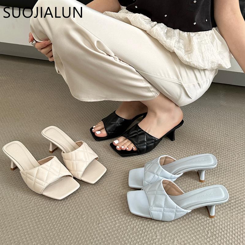 Fashion SUOJIALUN 2025 Summer New Women Slipper Fashion Square Toe Slip On Ladies Elegant Sandal Square High Heel Dress Slides Shoes