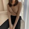 Women Long Sleeve Knitted Sweater Spring Autumn Button O Neck Inside Tight Knit Pullover Top