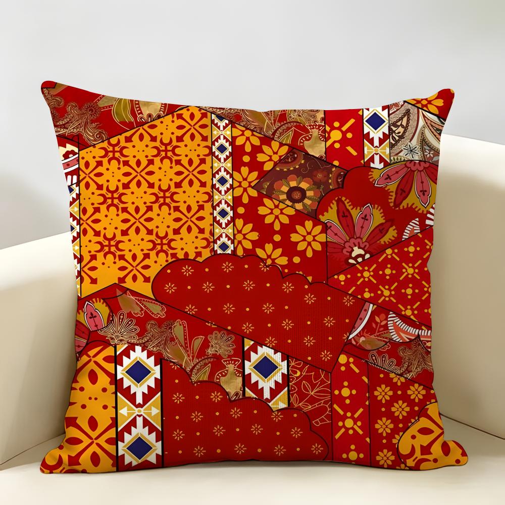 Red Bohemian Style Cushion Cover Natural Linen Organic Fabric Double-Sided Printing Breathable Perfect For Home Decor