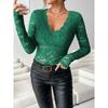 Ladies Elegant V-neck Fan-shaped Collar Solid Color Long-sleeved Slim Slimming Pullover Lace Blouse