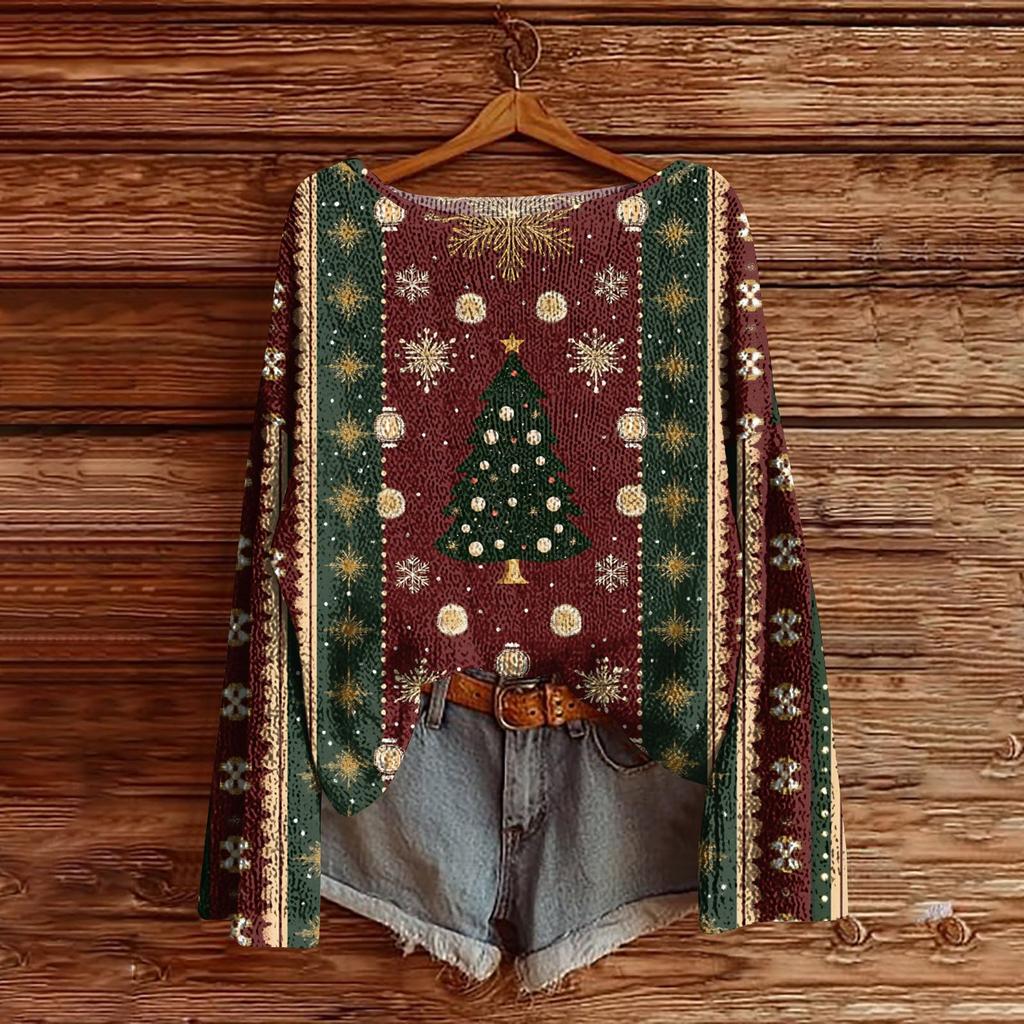 Women's Christmas Print Lightweight Sweater Casual Long Sleeve Knitted Pullover