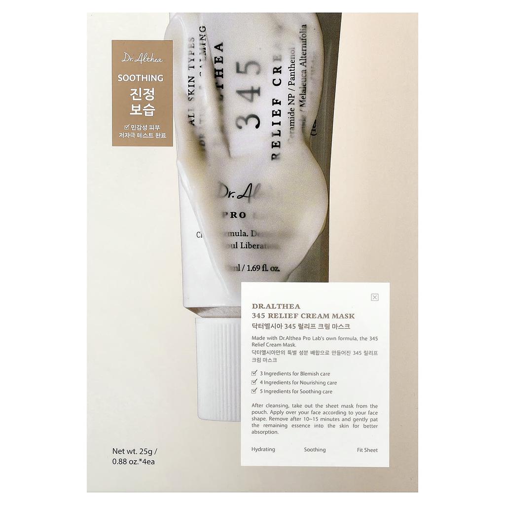 Доктор. Althea, Успокаивающий крем-маска для лица, 345 Relief Cream, 4 листа, 25 г (0,88 унции) каждый
