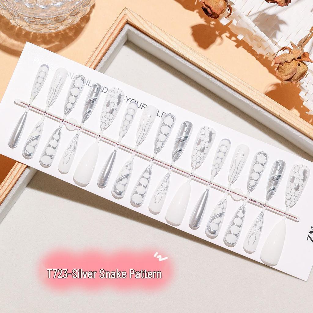 Silver Glitter Snake Print Almond 3D Gilding Press-On Nails with Lace Lines - High-End Nail Art Stickers