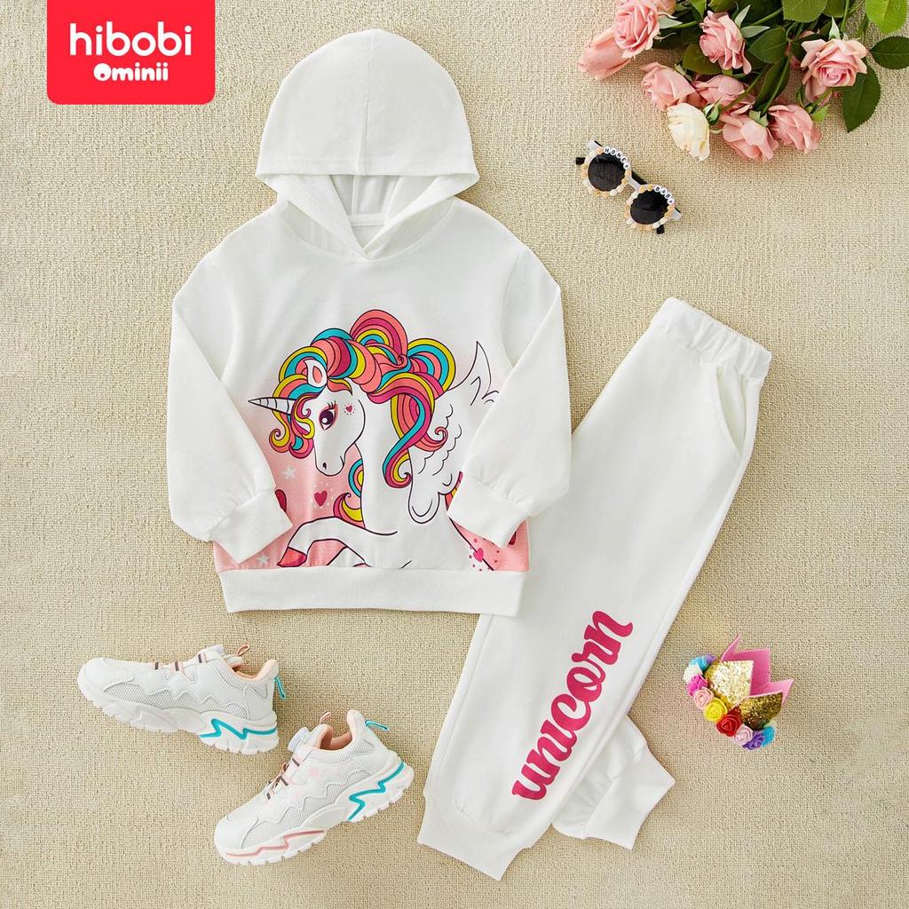 Hibobi Весенний комплект из 2 предметов для девочек, костюм-толстовка с капюшоном и узором единорога, модный спортивный костюм-толстовка, брюки, костюм для детей 4-9 лет