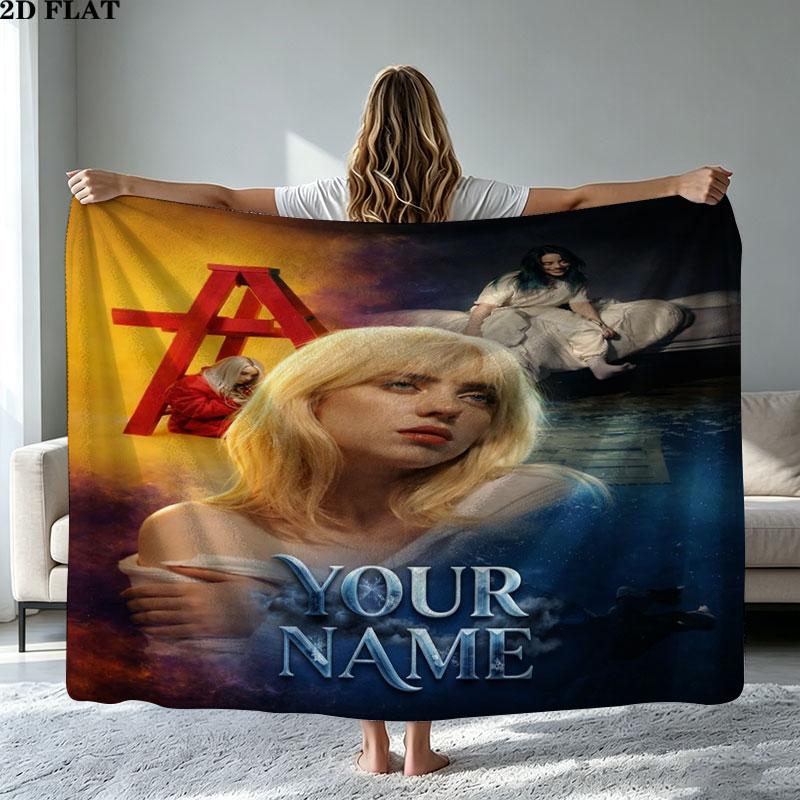 1PC Billie Eilish Custom Name Patterned Flannel Blanket Suitable For All Seasons for Home Decor Warmth and Comfort Gifts Holiday Present