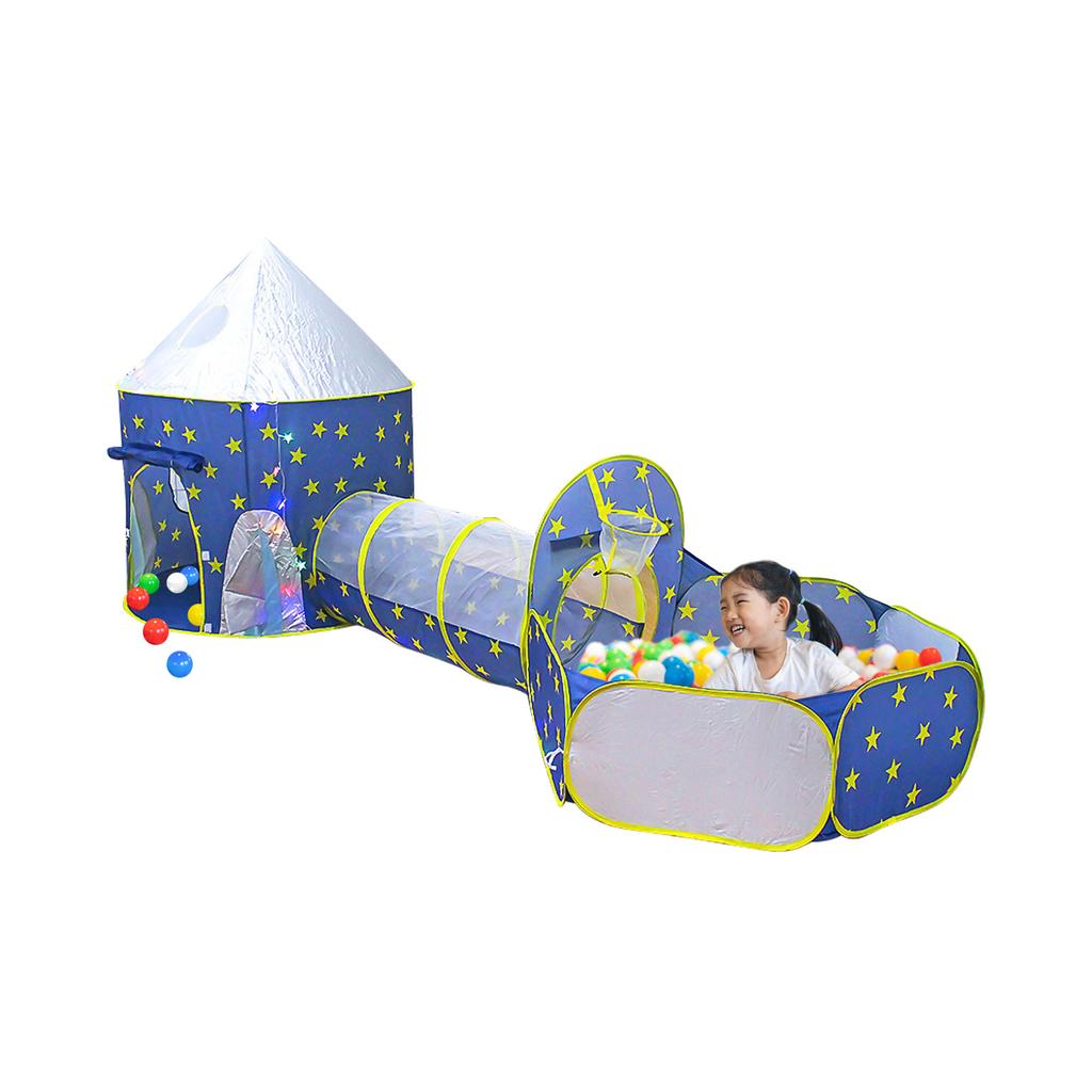 3 In 1 Kids Play Tent Crawl Tunnel Ans Ball Pit with Basketball Hoop Rocket Space Tent for Kids