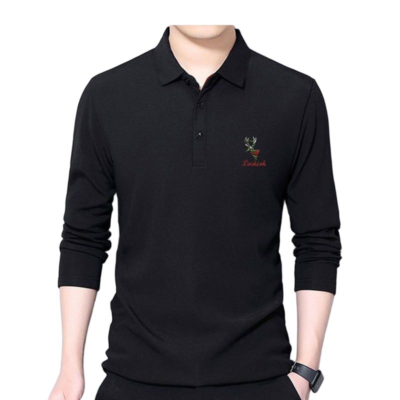 Men's Korean-Style Long-Sleeve Polo Shirt Lapel Casual Button Embroidery Loose Solid Color T-Shirt
